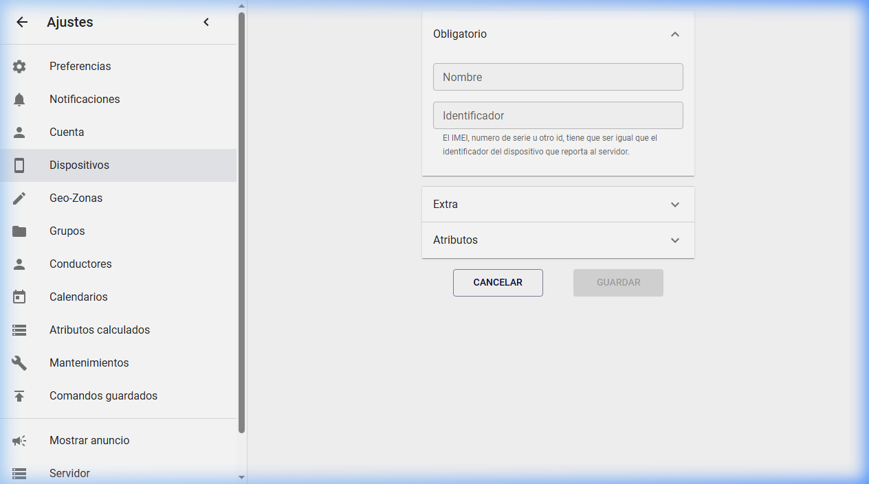 Ventana modal de registro de nuevo dispositivo GPS en la plataforma