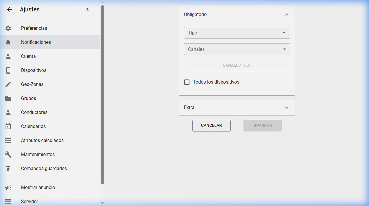 Configuración de eventos y canales de notificación en la plataforma GPS