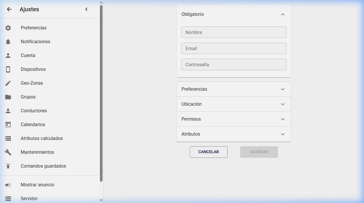 Ventana modal de creación y administración de usuarios en la plataforma GPS